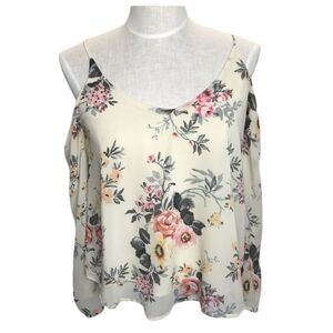 Haute Monde Floral Cold Shoulder Blouse Cream Pink Boho Flowy Top Size Small